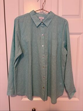 NWT J. Jill Aqua Embroidered Collared Button-Up